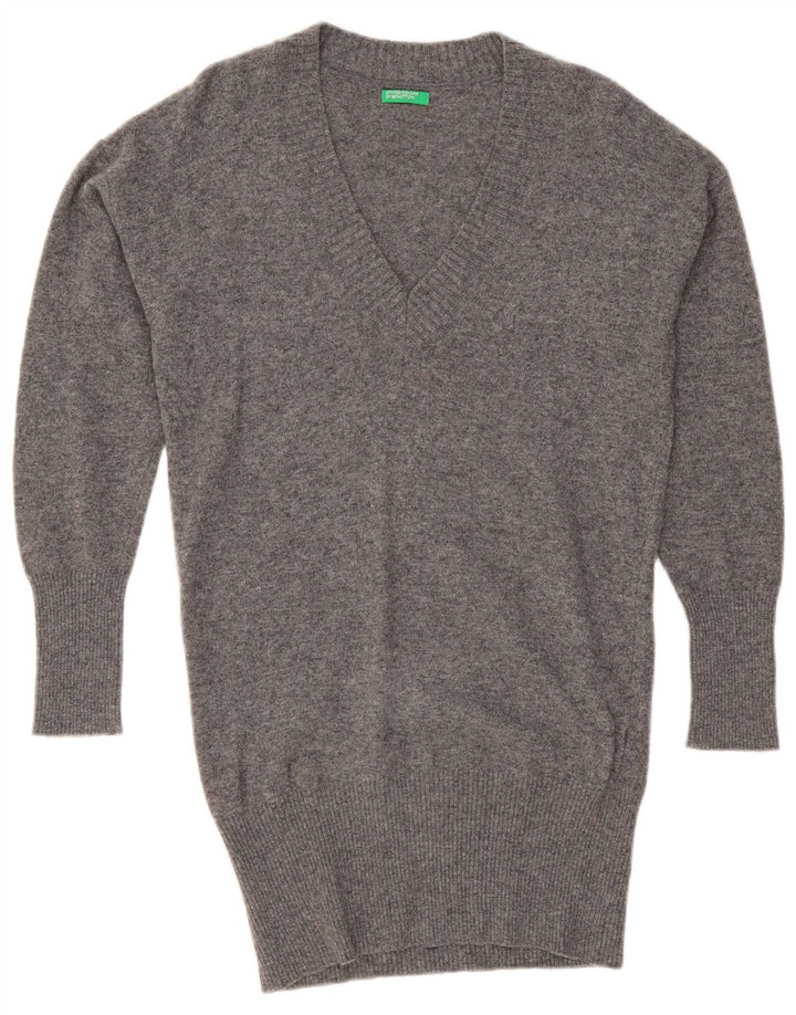 BENETTON Suéter largo con cuello en V para mujer, talla grande, talla S, color gris