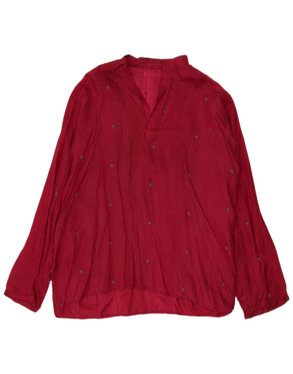 Vintage mujer manga larga camisa larga blusa Reino Unido 22 3XL Borgoña Check