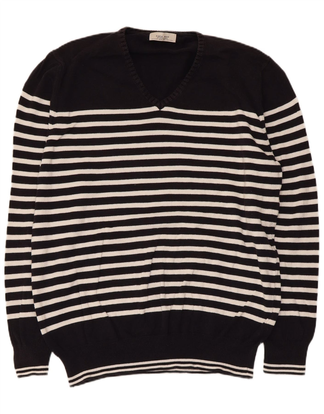 Zara Hombre Jersey Cuello Pico XL Negro Rayas
