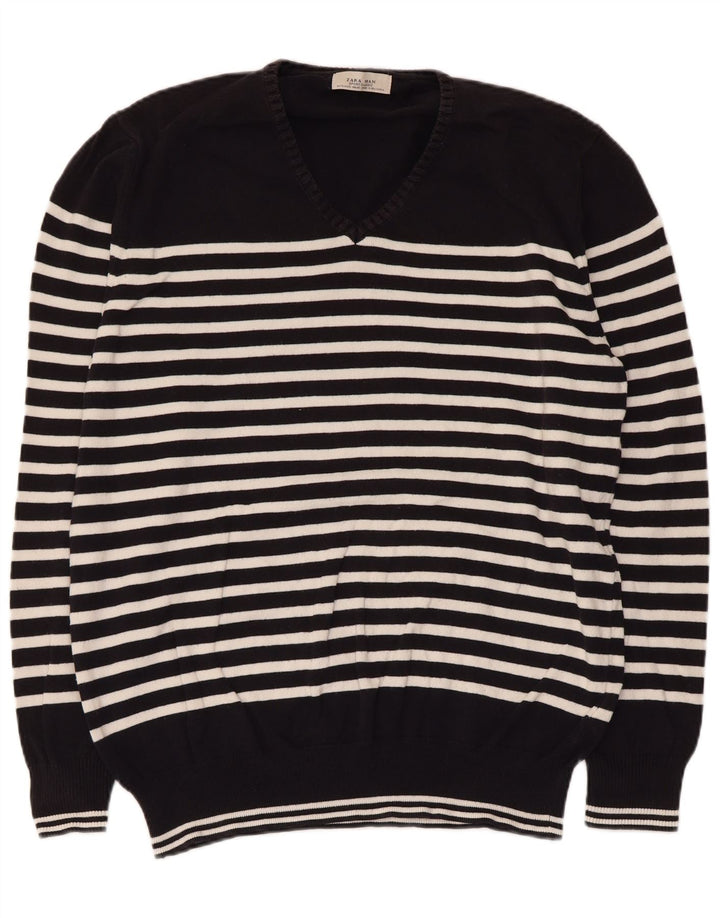 Zara Hombre Jersey Cuello Pico XL Negro Rayas