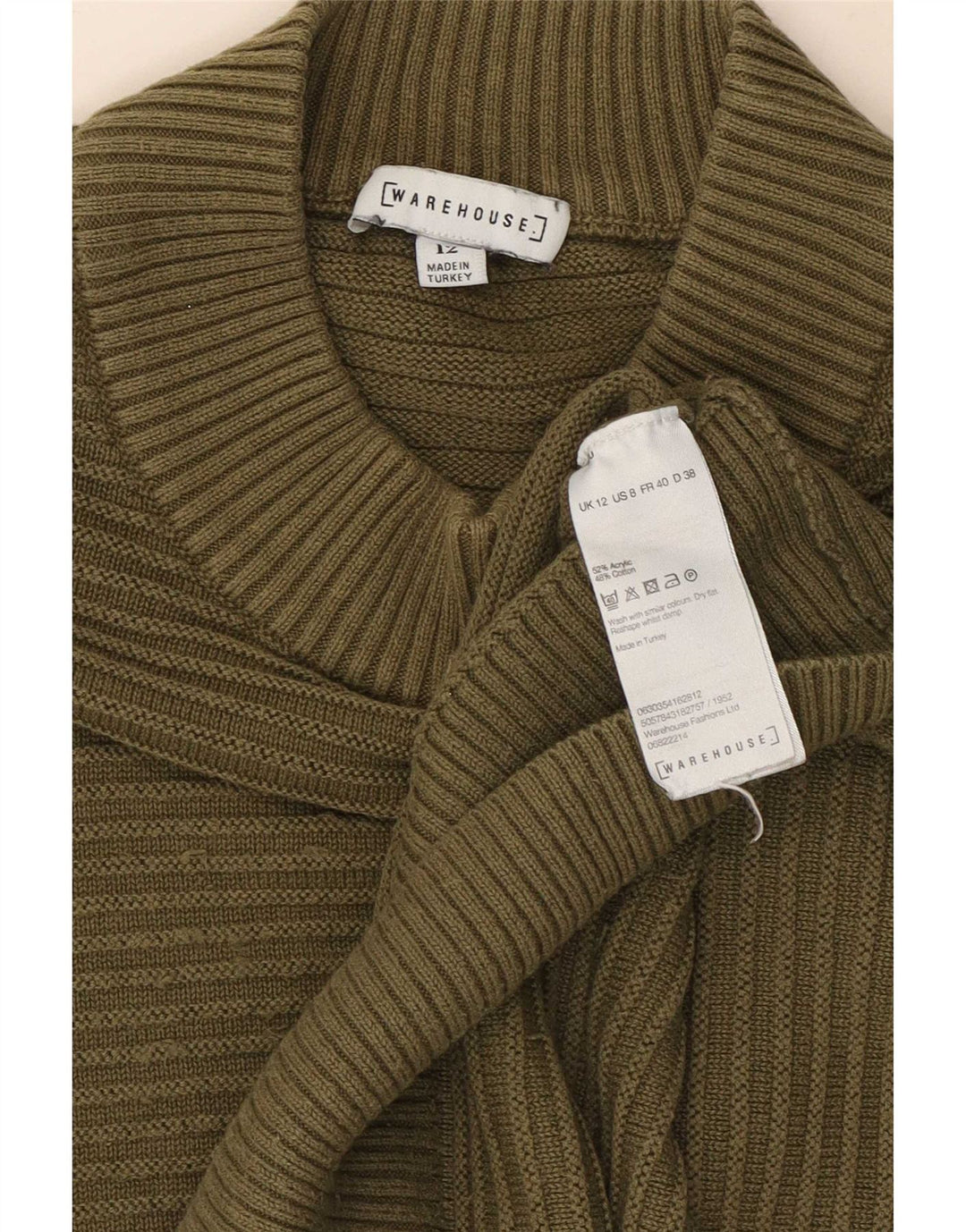Warehouse Suéter tipo jersey con cuello alto para mujer, talla 42, color caqui mediano, a rayas
