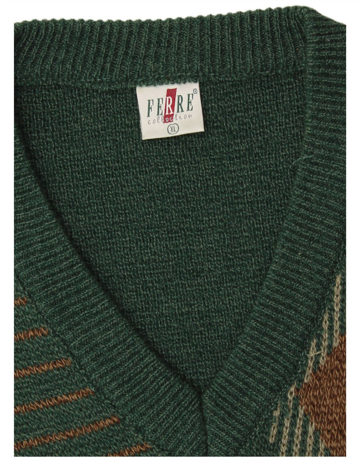 VINTAGE Hombres V-Cuello Jumper Suéter XL Verde Argyle/Diamond Acrílico Clásico