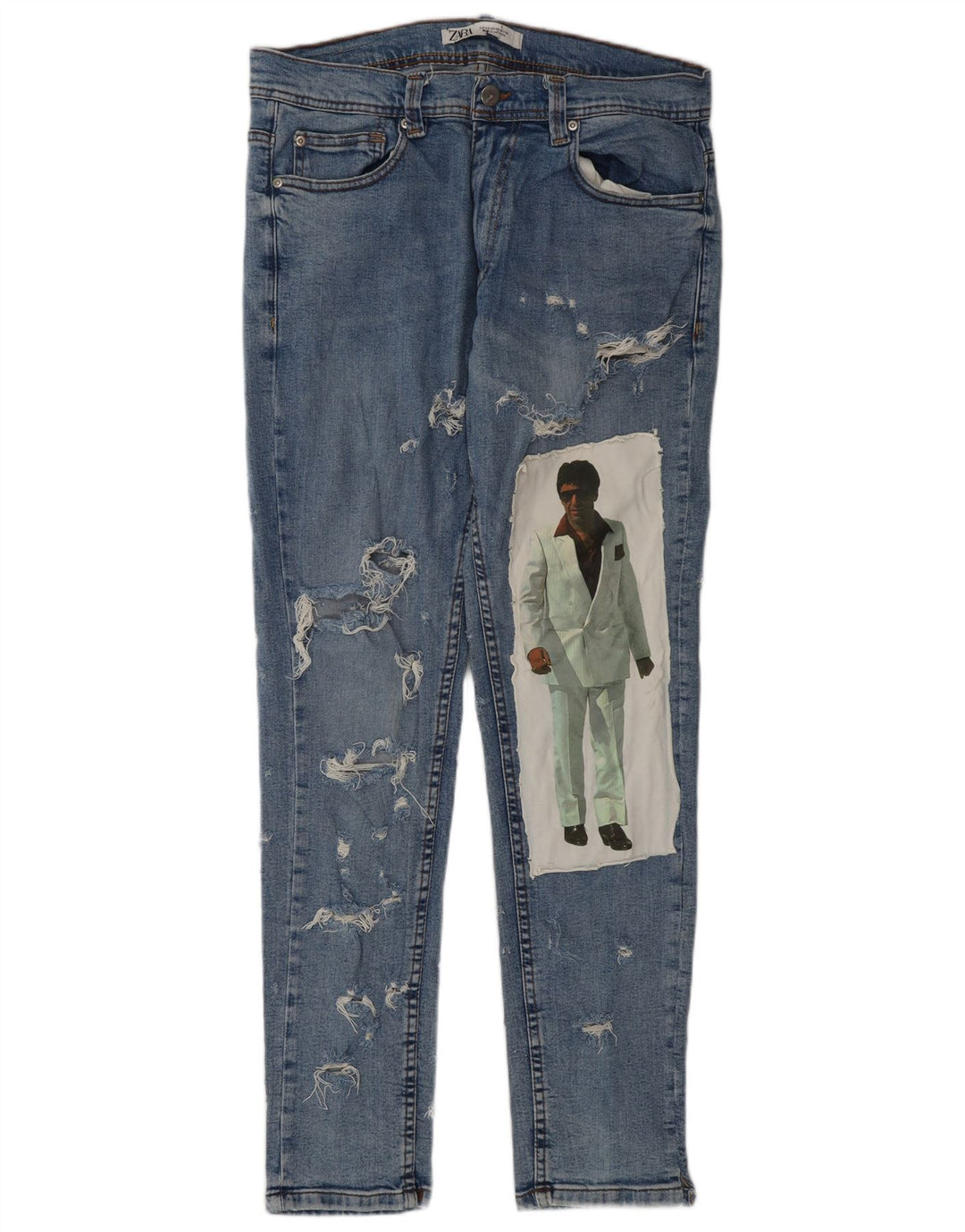 ZARA Vaqueros ajustados desgastados con gráfico para hombre EU 42 Large W32 L32 Azul