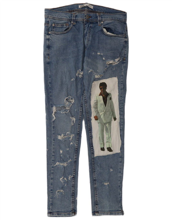 ZARA Vaqueros ajustados desgastados con gráfico para hombre EU 42 Large W32 L32 Azul