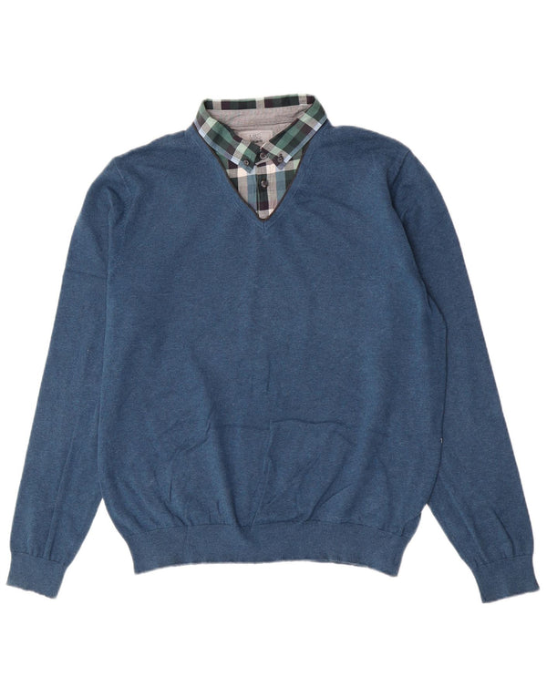 Marks & Spencer Suéter tipo jersey con cuello tipo polo y corte regular para hombre, talla grande, azul