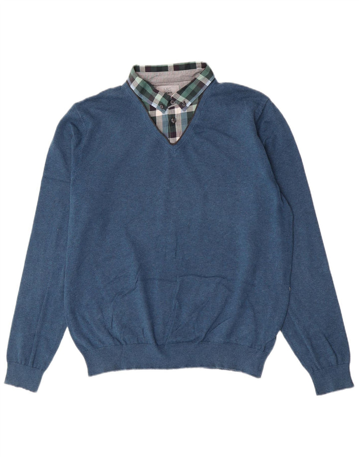 Marks & Spencer Suéter tipo jersey con cuello tipo polo y corte regular para hombre, talla grande, azul