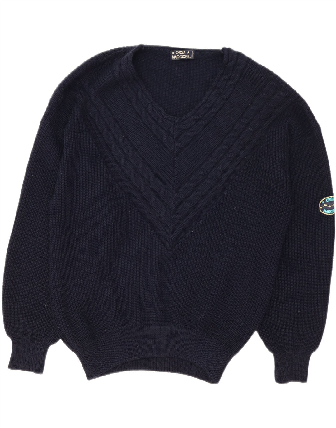 Vintage hombres V-cuello jumper suéter XL azul marino lana