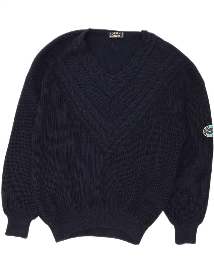 Vintage hombres V-cuello jumper suéter XL azul marino lana