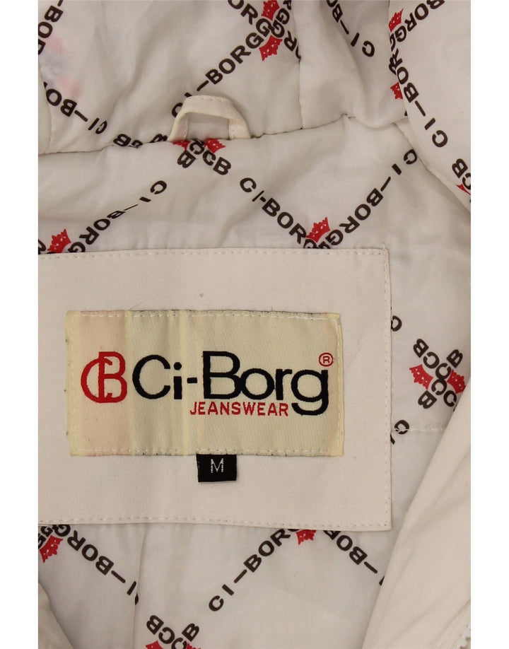 CI-BORG Mens Graphic Hooded Windbreaker Jacket UK 38 Medium White Winter