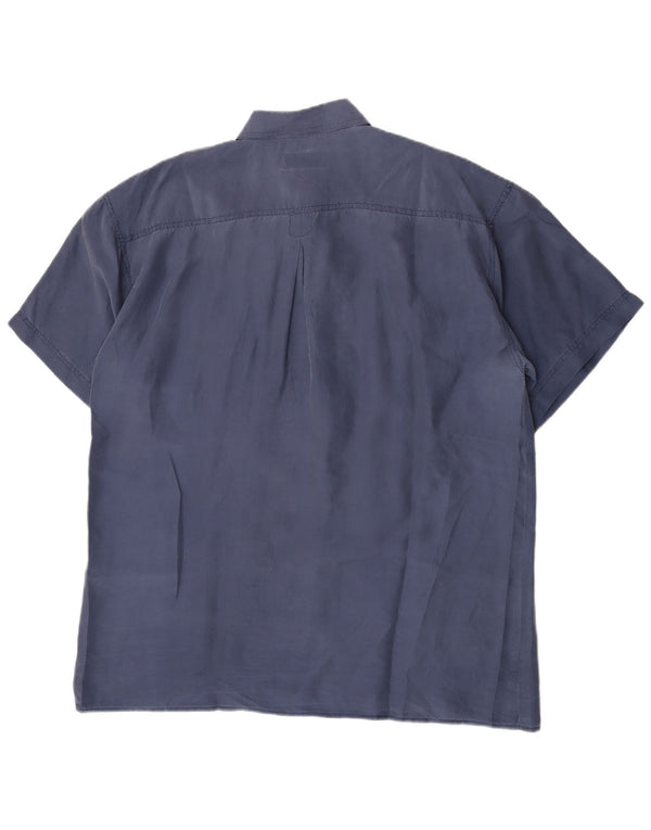 Vintage hombres camisa de manga corta grande azul seda clásico