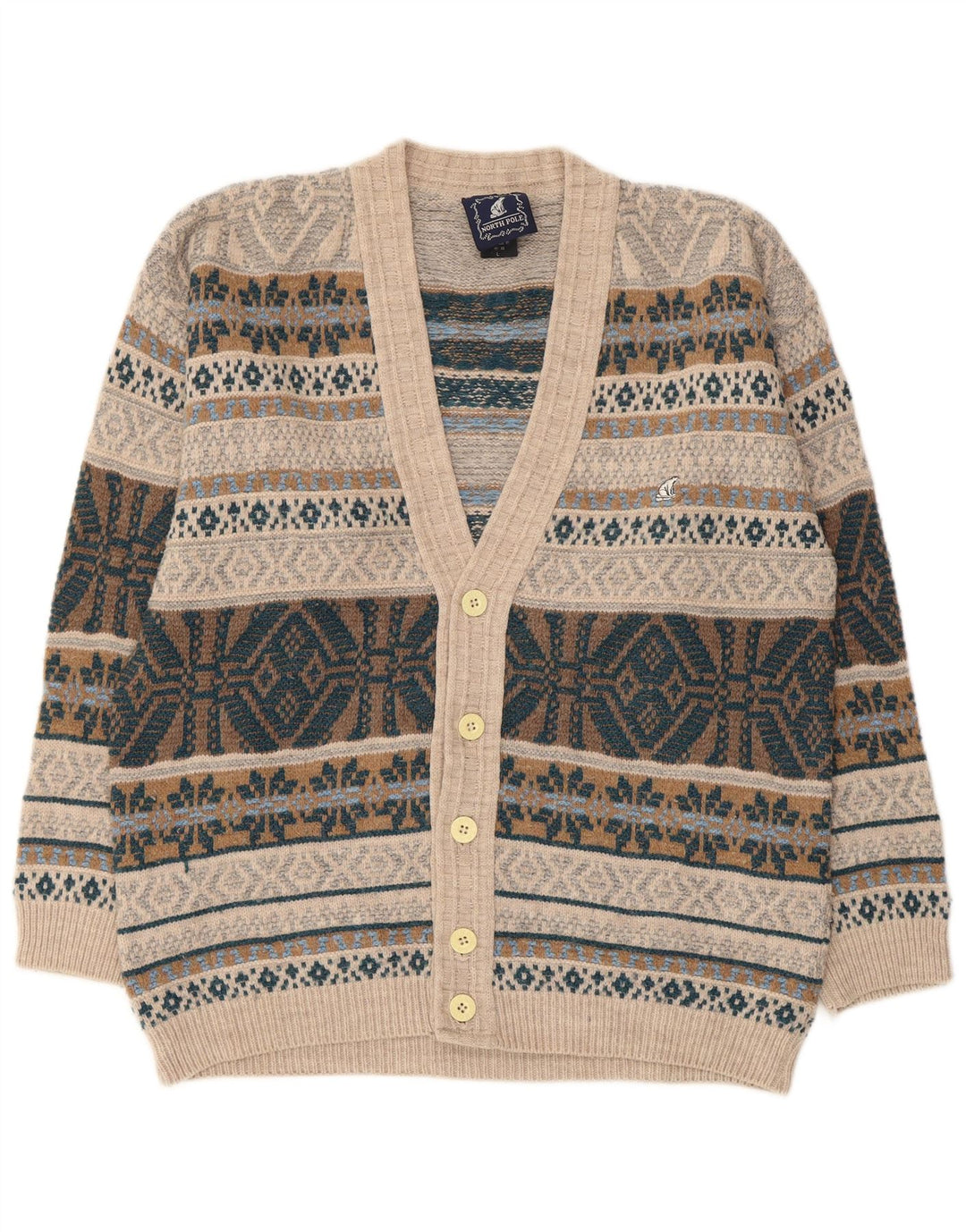 Polo Norte Hombre Cárdigan Suéter Grande Beige Fair Isle Lana