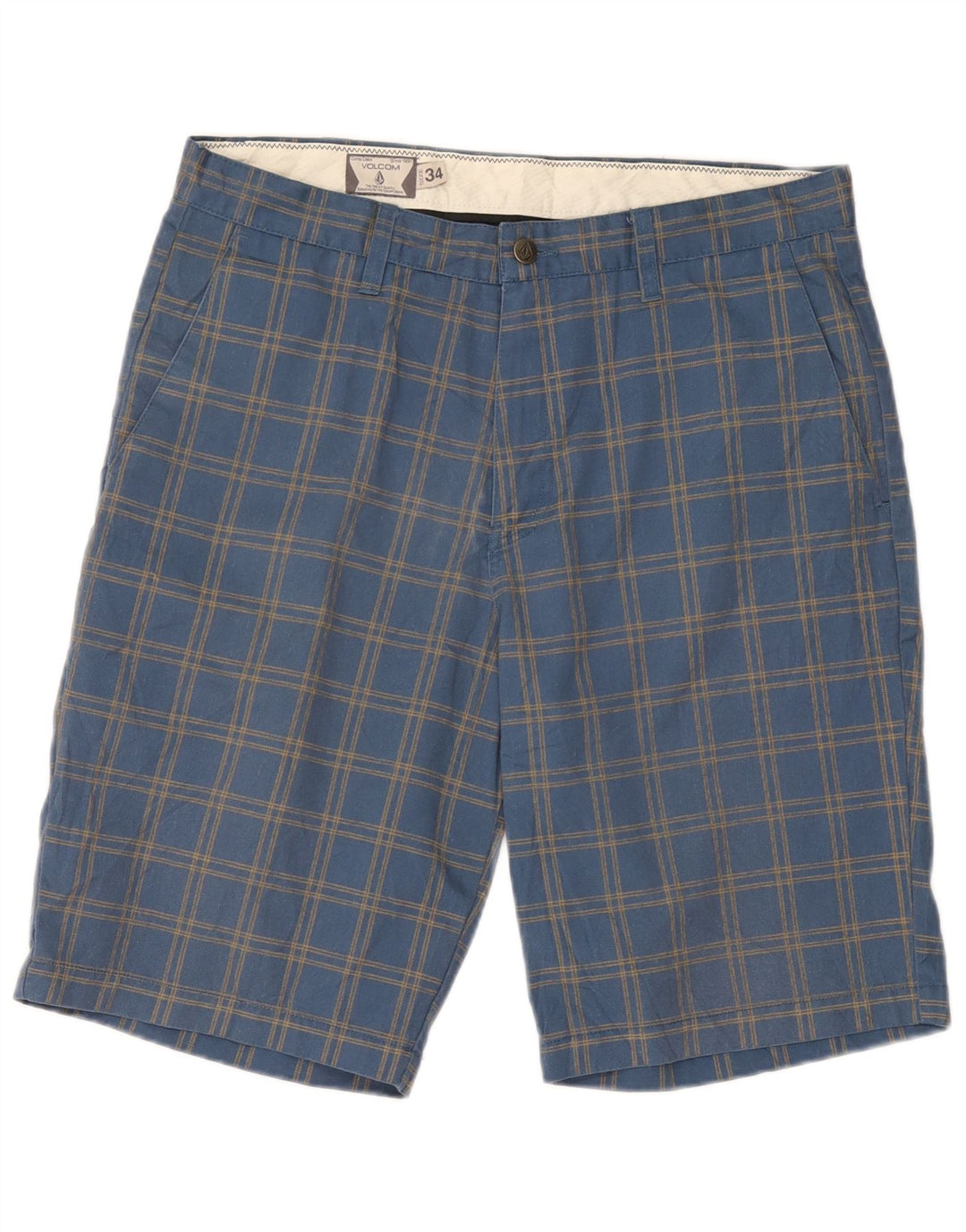 Pantalones cortos chinos Volcom para hombre W34 poliéster a cuadros azules grandes