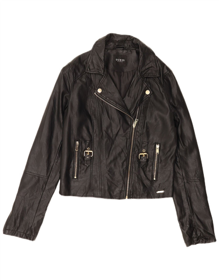 Guess Chaqueta motera corta de piel sintética para mujer Reino Unido 12 Poliuretano negro mediano