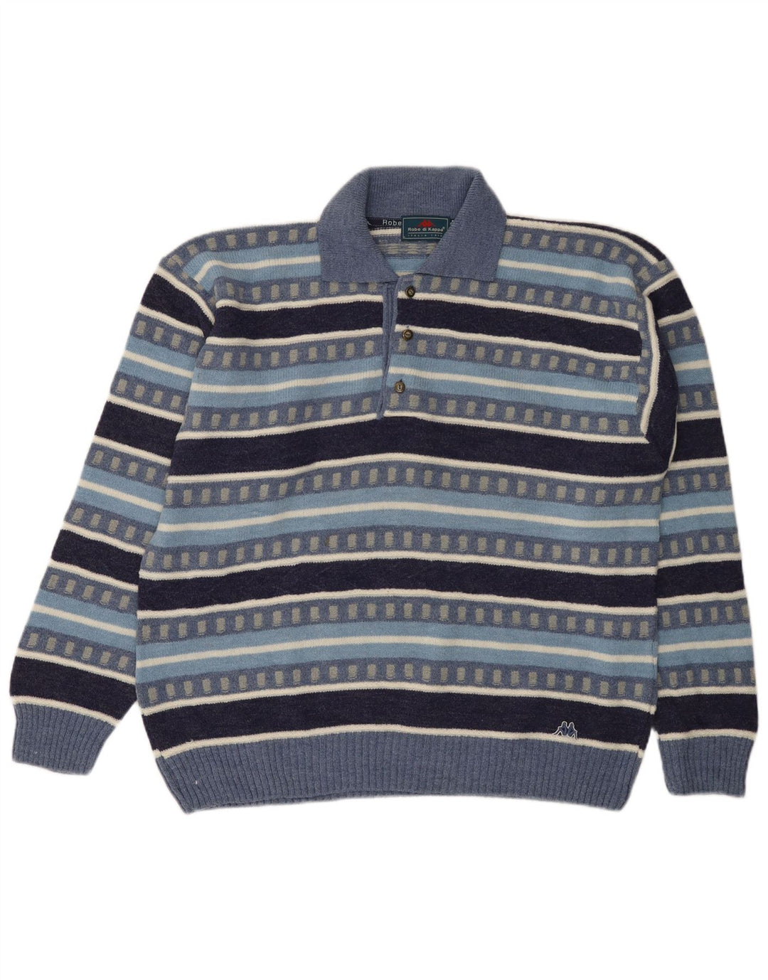 Kappa Hombre Polo Neck Jumper Sweater Large Lana A Rayas Azul