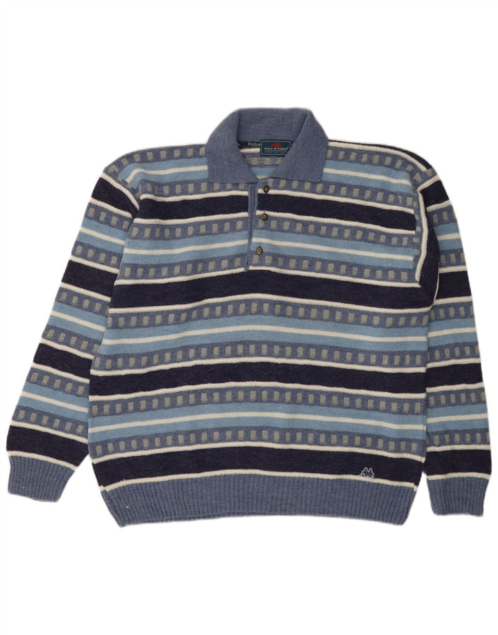 Kappa Hombre Polo Neck Jumper Sweater Large Lana A Rayas Azul
