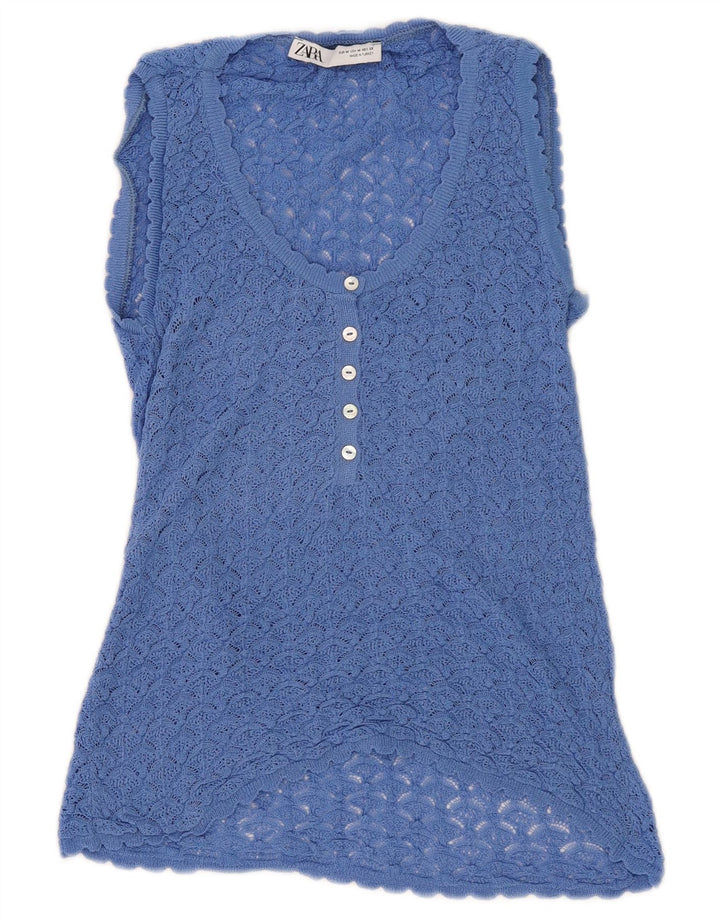 Zara Mujer Blusa De Ganchillo Sin Mangas Top UK 42 Azul Medio