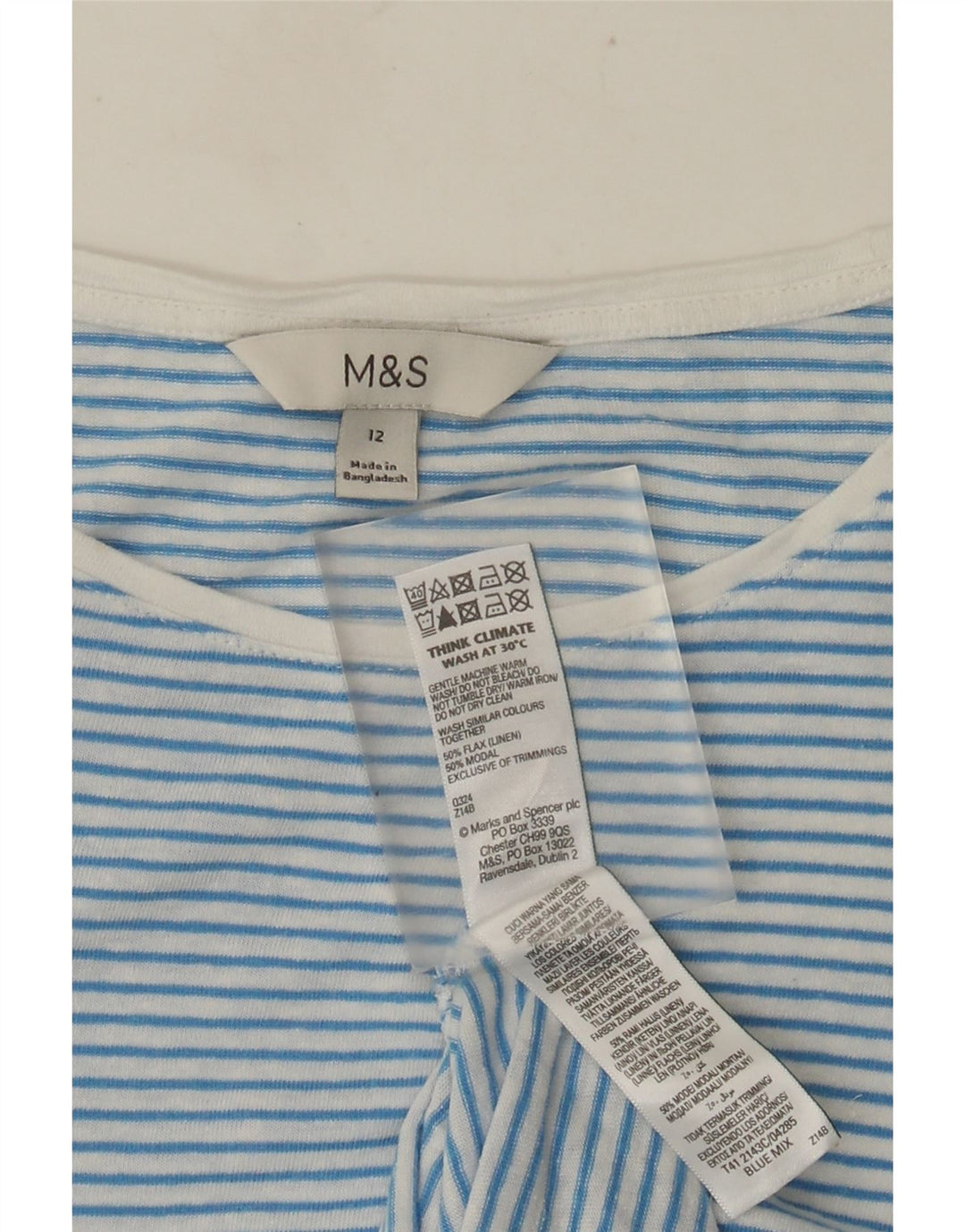 Marks & Spencer Camiseta para mujer Top UK 40 Azul medio Lino a rayas