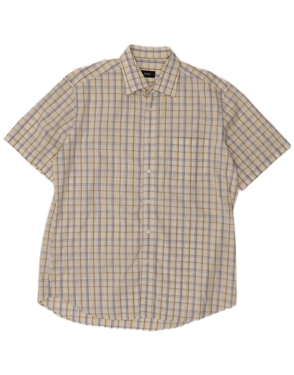 HUGO BOSS Camisa de manga corta para hombre Talla 16 1/2 42 Algodón a cuadros blanco grande