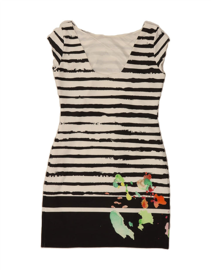 DESIGUAL Womens Graphic Sheath Dress UK 14 Large White Striped Polyester Vintage Desigual and Second-Hand Desigual from Messina Hembry 