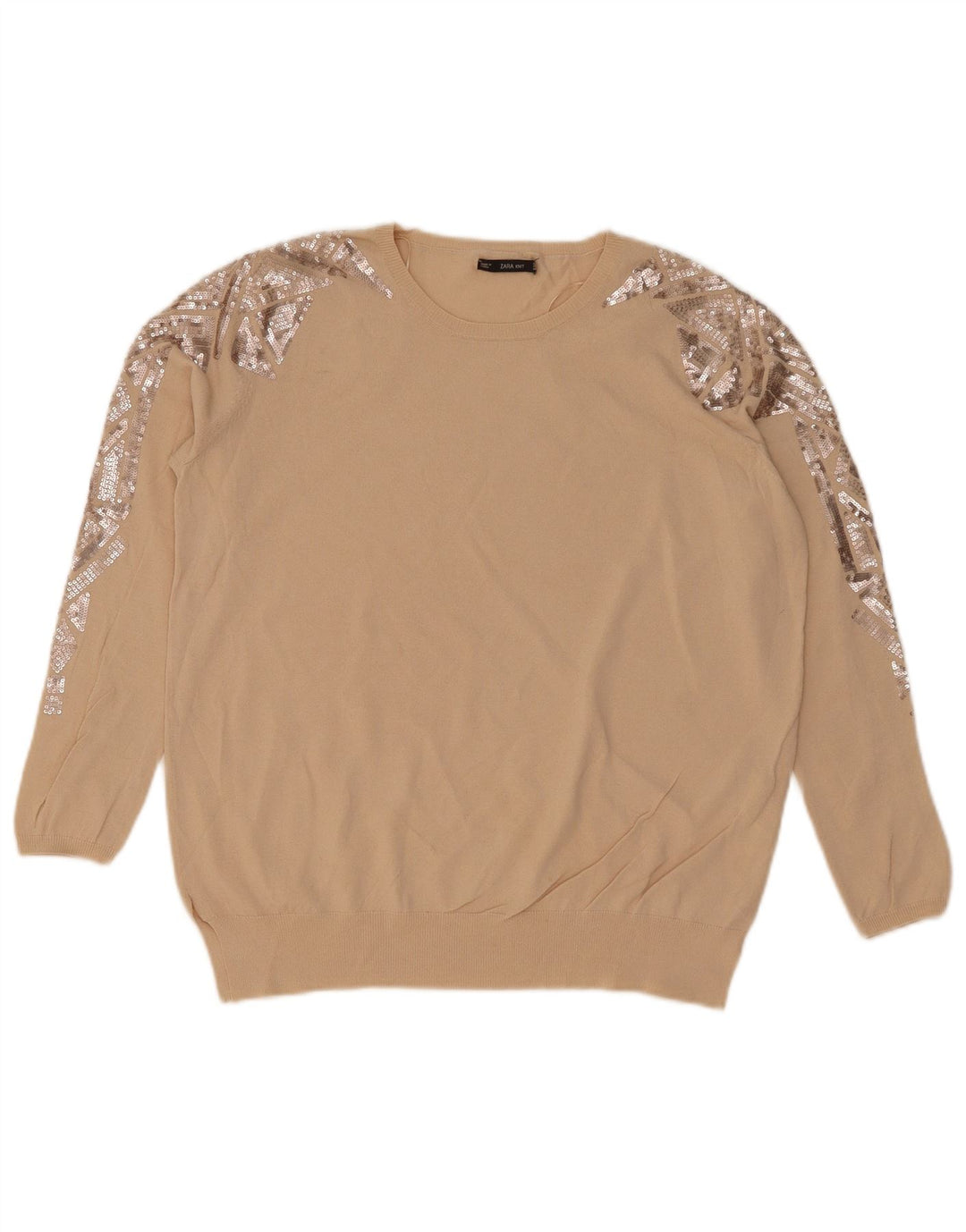 Zara Mujer Jersey De Cuello Redondo Jersey UK 44 Medio Beige Geométrico