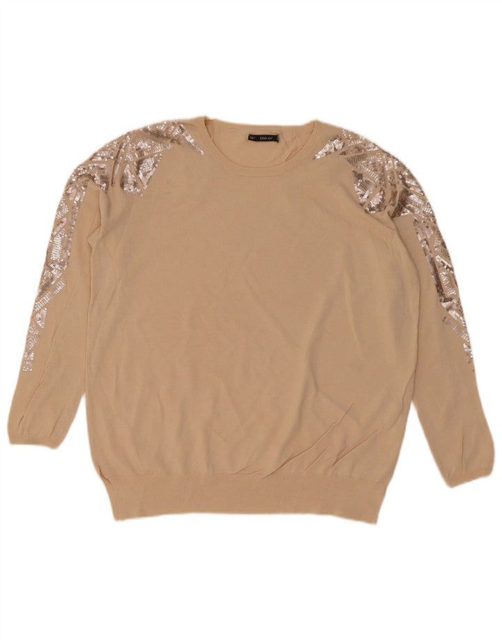 Zara Mujer Jersey De Cuello Redondo Jersey UK 44 Medio Beige Geométrico
