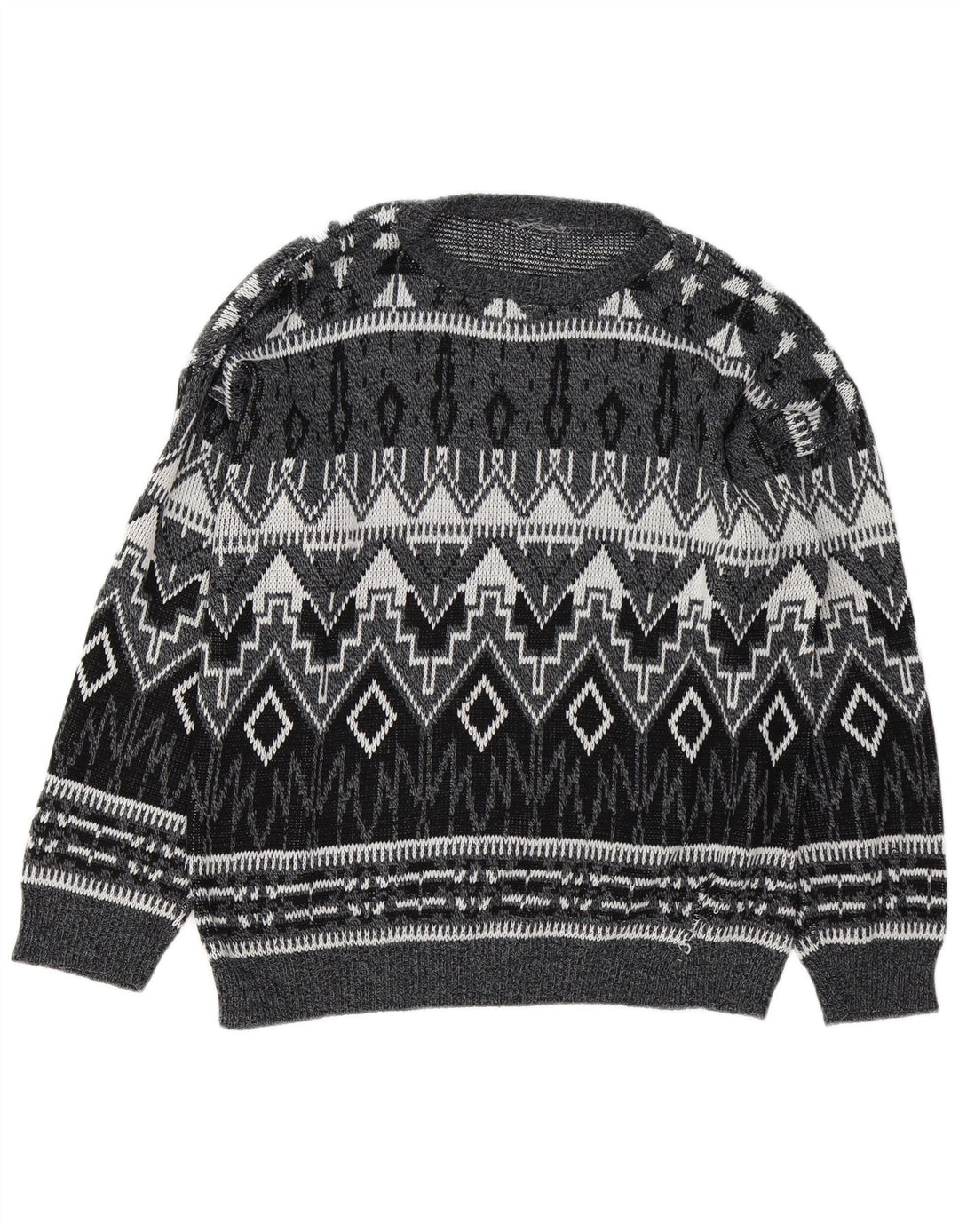 Vintage hombres barco cuello jumper suéter grande gris geométrico