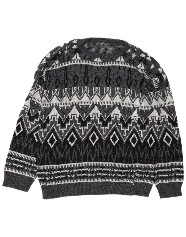 Vintage hombres barco cuello jumper suéter grande gris geométrico