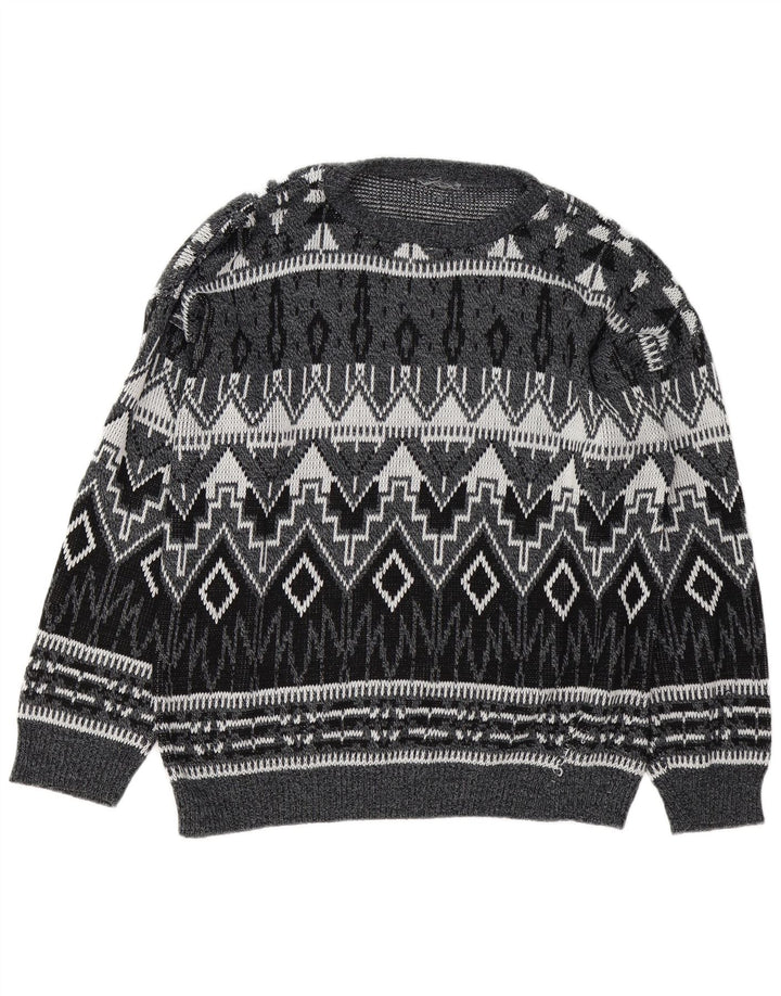 Vintage hombres barco cuello jumper suéter grande gris geométrico