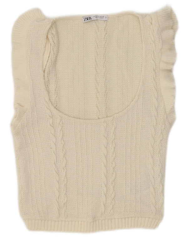 Zara Mujer Crop Vest Tank Top UK 8 Small Off White Poliéster