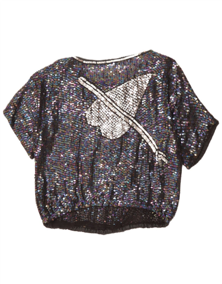 VINTAGE Blusa gráfica para mujer Top Reino Unido 14 Corazón moteado negro grande