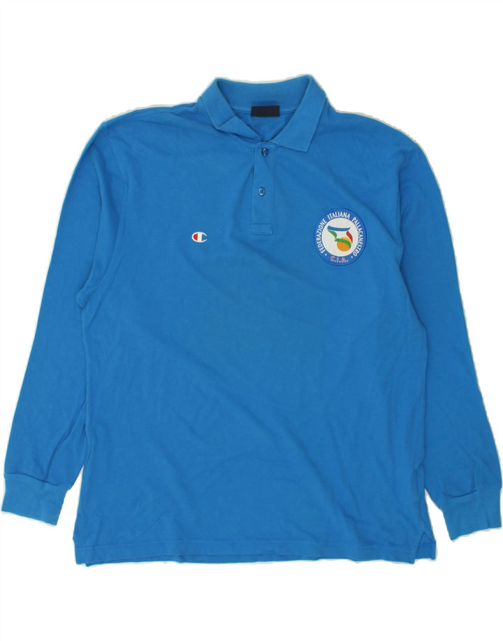 CHAMPION Mens Long Sleeve Polo Shirt Large Blue Cotton Vintage Champion and Second-Hand Champion from Messina Hembry 