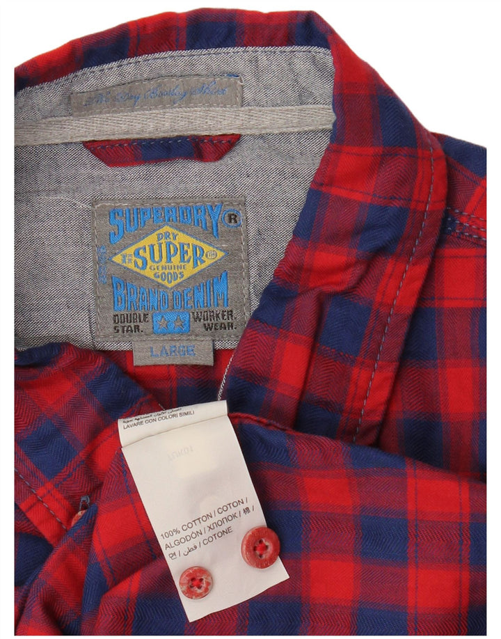 SUPERDRY Camisa de franela de algodón a cuadros rojos grandes para hombre