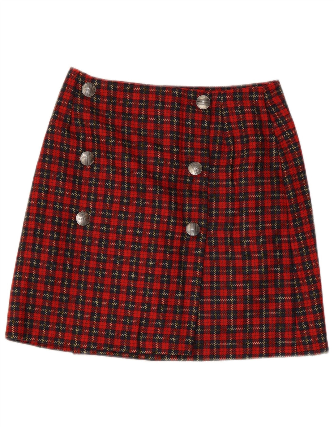 Vintage mujer mini falda envolvente IT 42 Medio W28 Rojo Check Lana Virgen