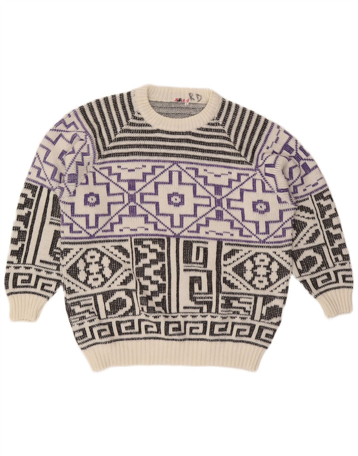Vintage hombres cuello redondo jersey suéter grande blanco geométrico lana