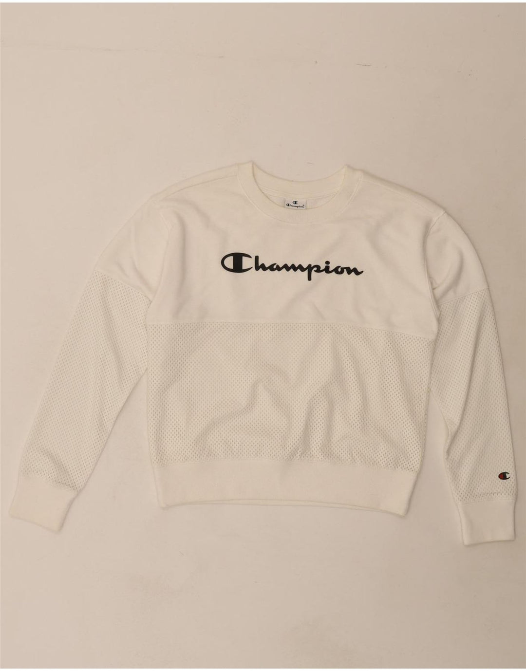 CHAMPION Womens Graphic Sweatshirt Jumper UK 14 Medium White Vintage Champion and Second-Hand Champion from Messina Hembry 