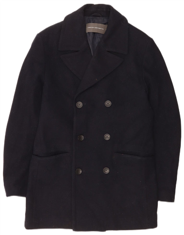 French Connection Mens Double Breasted Coat UK 38 Medium Navy Blue Wool
