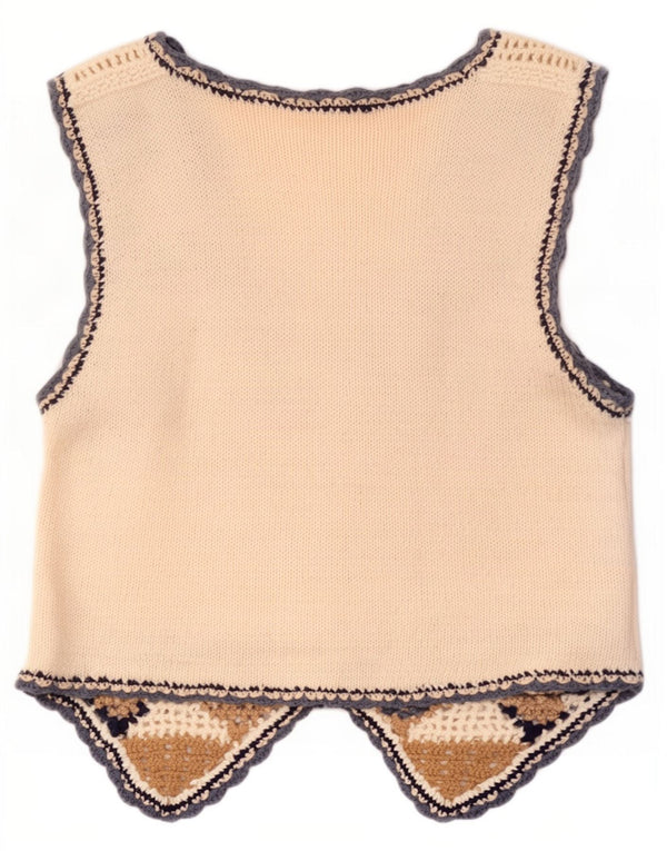 Vintage mujer crochet chaleco Reino Unido 10 pequeño off blanco geométrico ramio