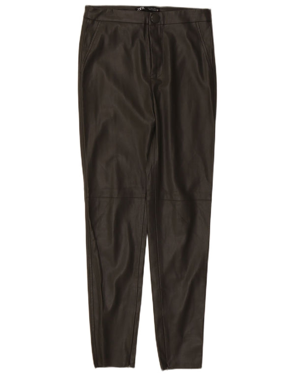 Zara Mujer Pantalón Pitillo De Piel Sintética Pequeño W26 L27 Poliéster Caqui