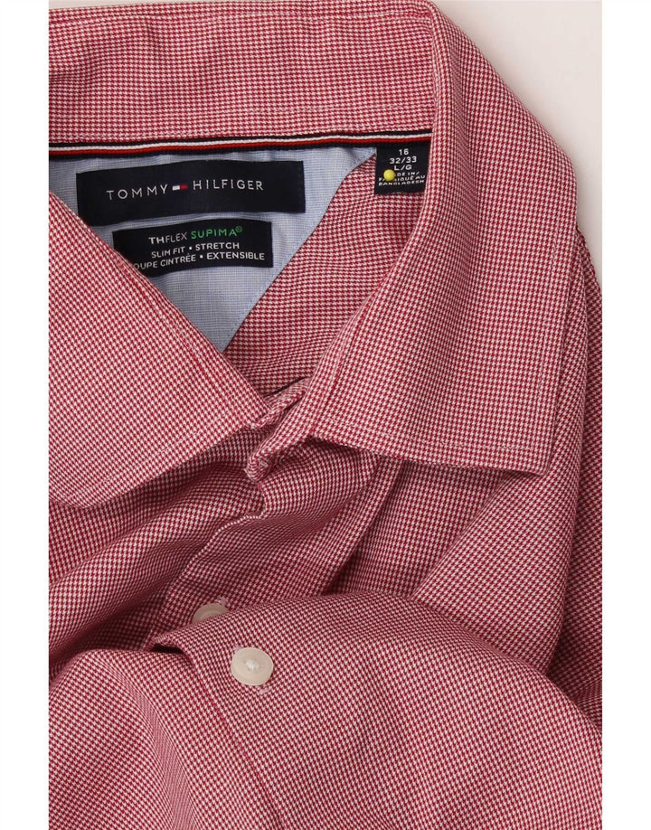 Tommy Hilfiger Camisa Flex Slim Fit para Hombre Talla 16 Grande Pata de Gallo Roja