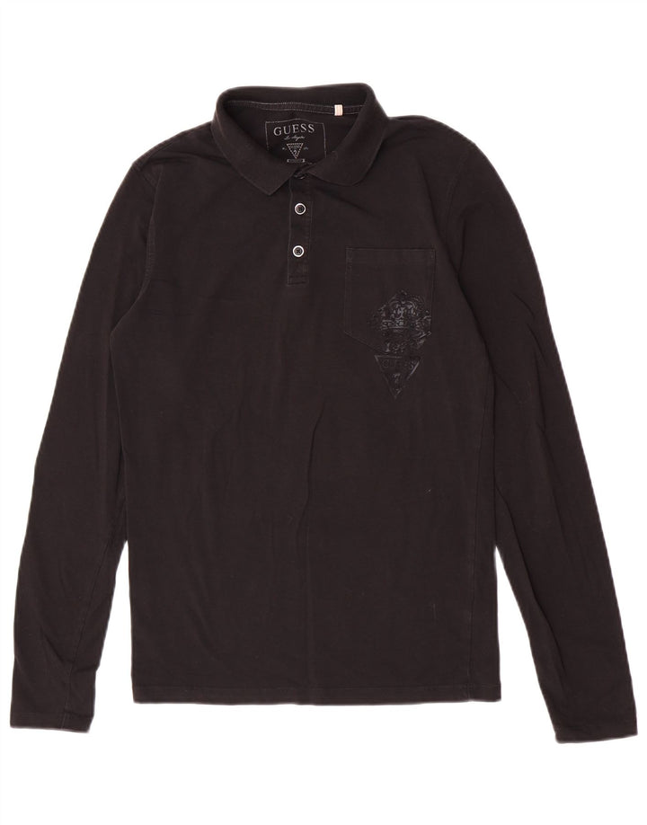 Guess Polo de manga larga para hombre pequeño negro