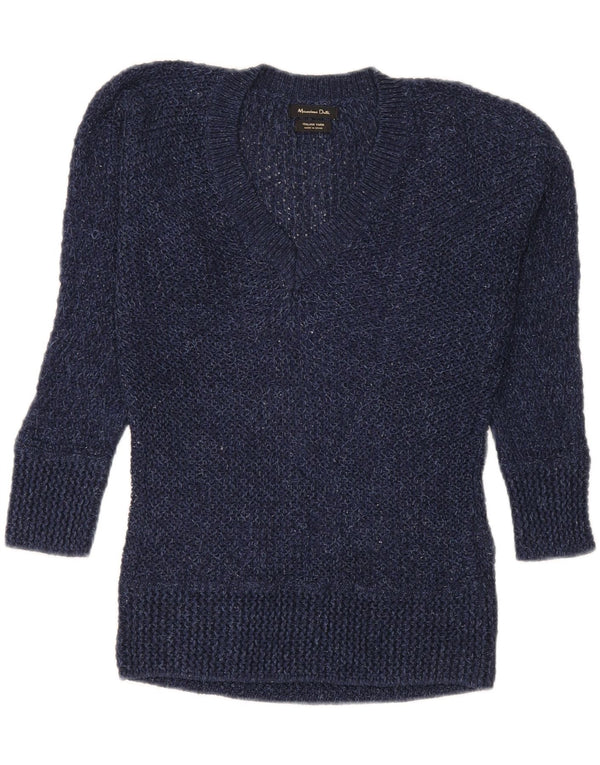 Massimo Dutti Womens V-Neck Jumper Sweater UK 6 XS Navy Blue Flecked Cotton