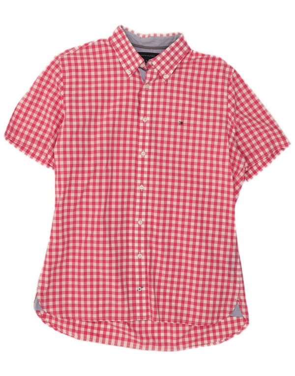 Camisa Tommy Hilfiger de manga corta con ajuste personalizado para hombre, algodón a cuadros rojo medio