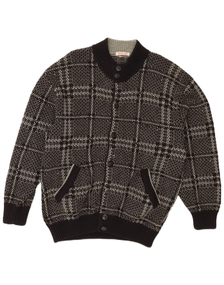 Vintage hombres Cardigan suéter IT 52 grande negro comprobar lana