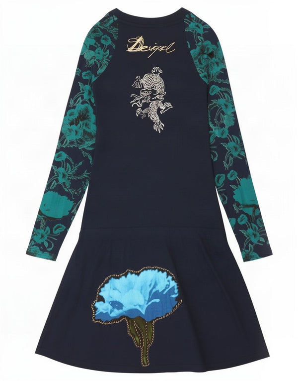 Desigual Womens Graphic Long Sleeve A-Line Dress UK 4 XS Navy Blue Floral