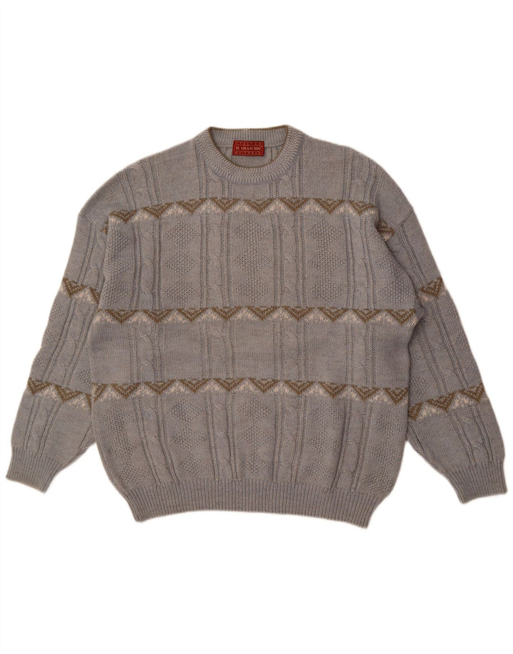 Il Granchio Jersey de cuello redondo para hombre, suéter de lana Fair Isle azul grande