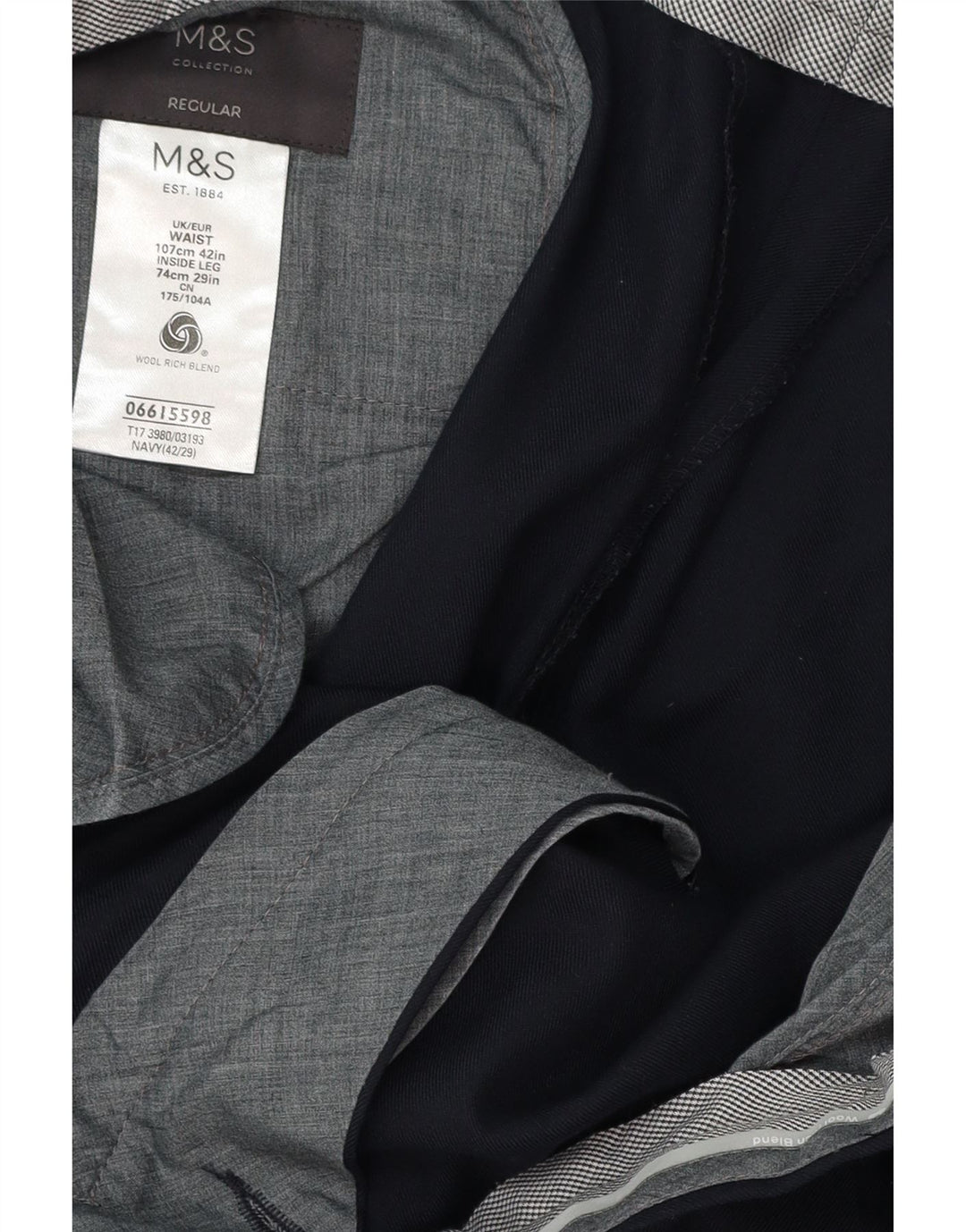 MARKS & SPENCER Pantalón de traje de corte regular para hombre W42 L29 Lana azul marino