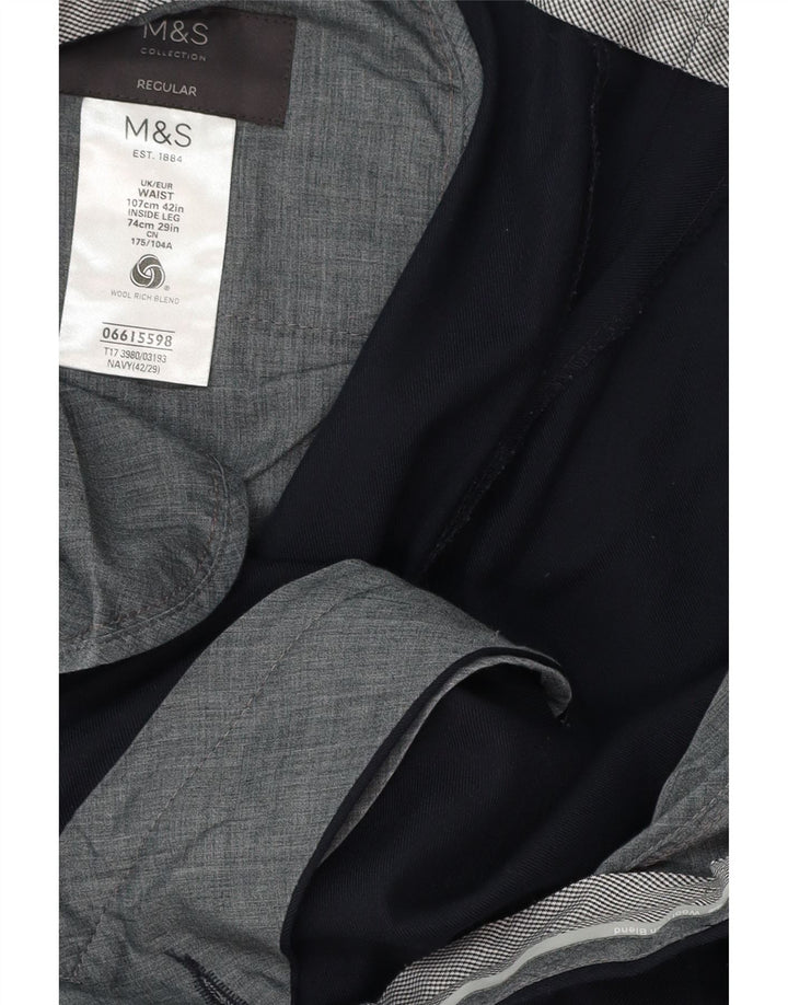 MARKS & SPENCER Pantalón de traje de corte regular para hombre W42 L29 Lana azul marino