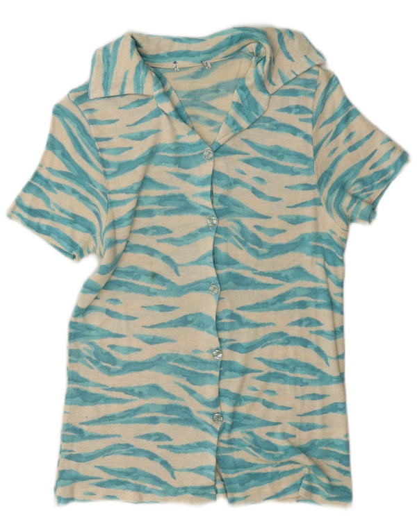 Vintage mujer camisa de manga corta Reino Unido 14 azul medio animal impresión viscosa