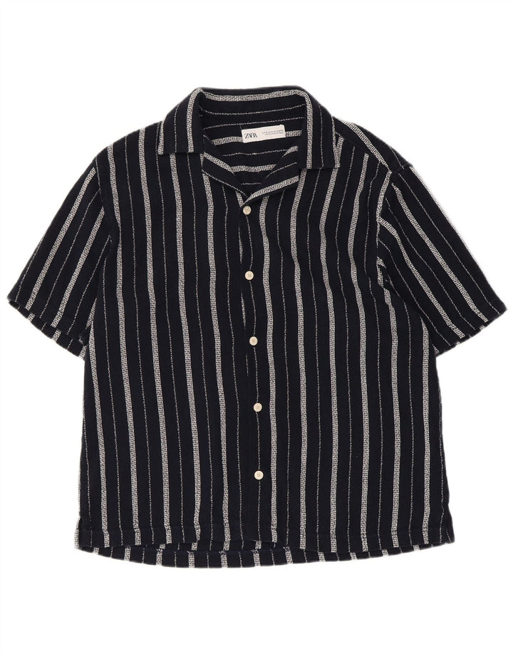 Zara Hombre Camisa Manga Corta Algodón Rayas Azul Marino Medio