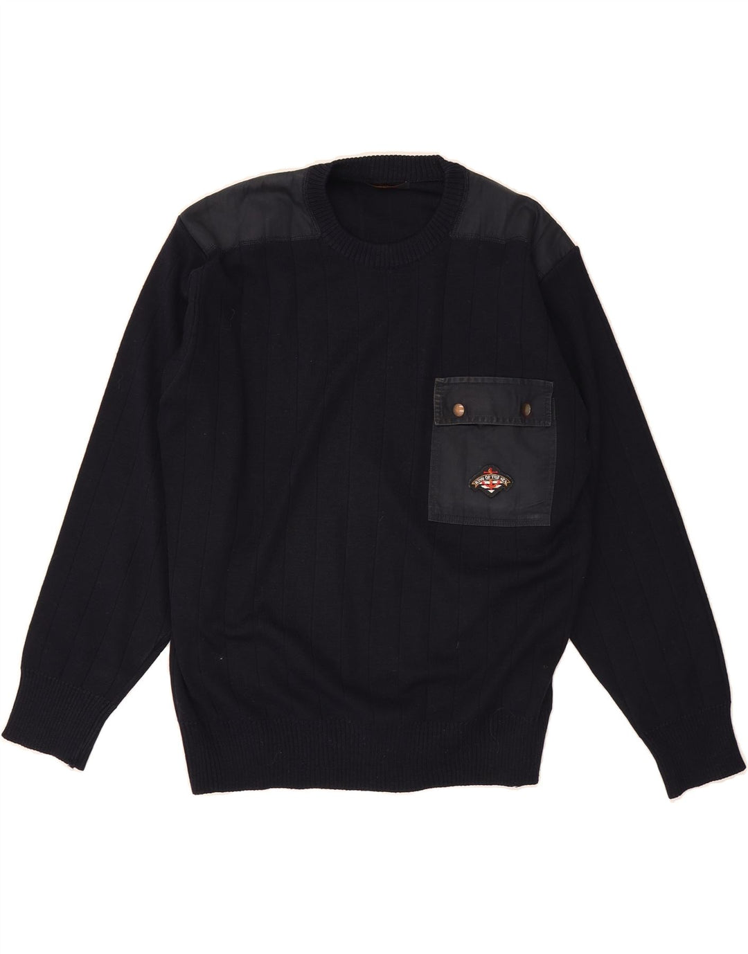 VINTAGE Mens Crew Neck Jumper Sweater Medium Navy Blue Wool Vintage Vintage and Second-Hand Vintage from Messina Hembry 